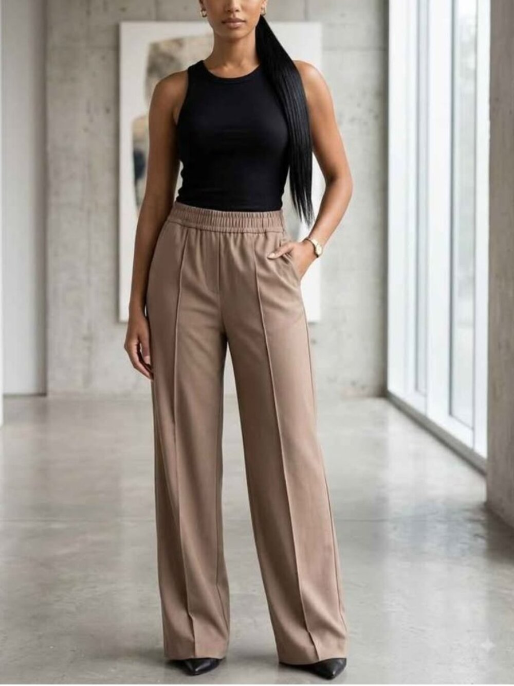 H&M Khaki Taupe Wide-Leg Pull-On Trousers, Small